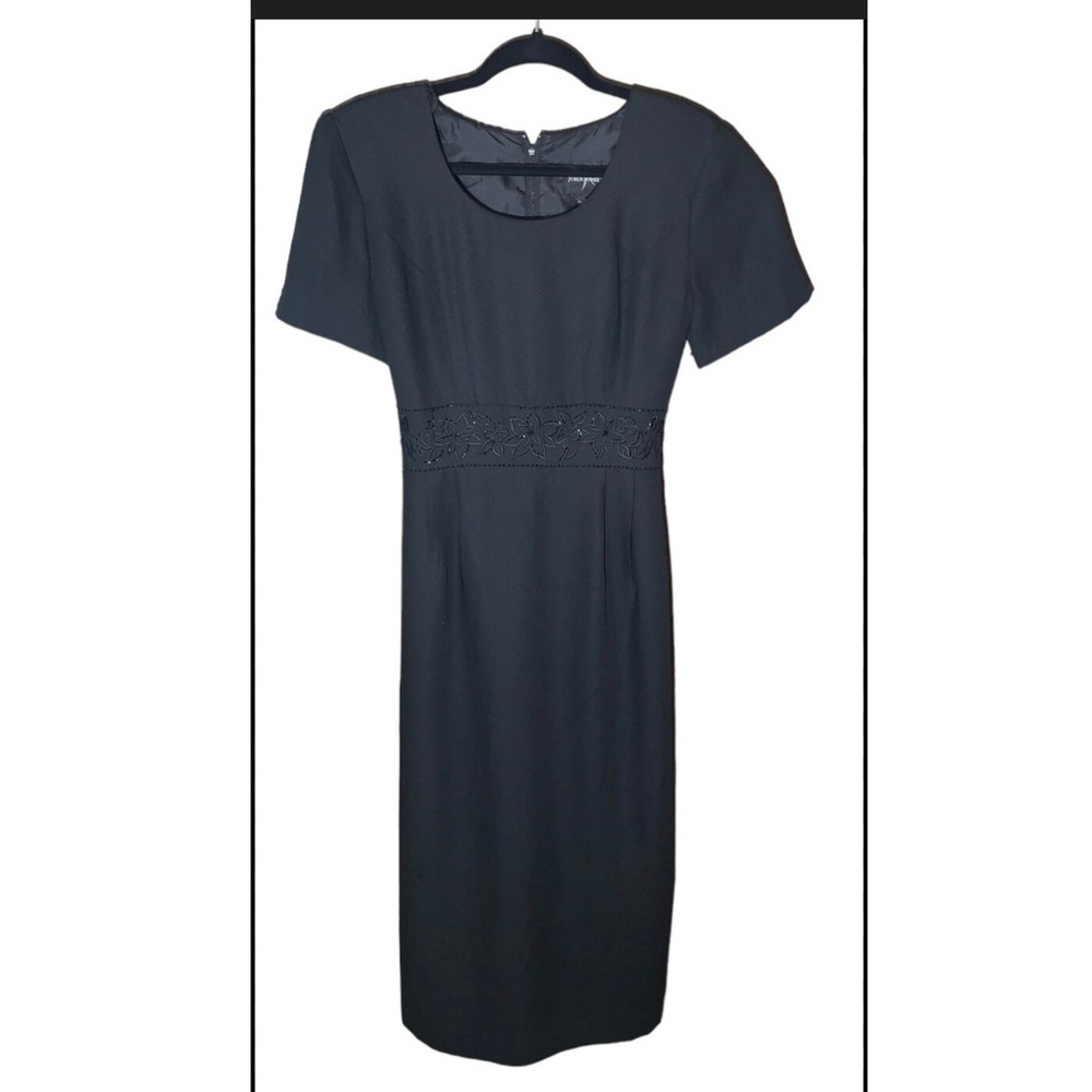 John‎ Roberts Black Sheath Dress Short Sleeve Floral Beaded Waistband